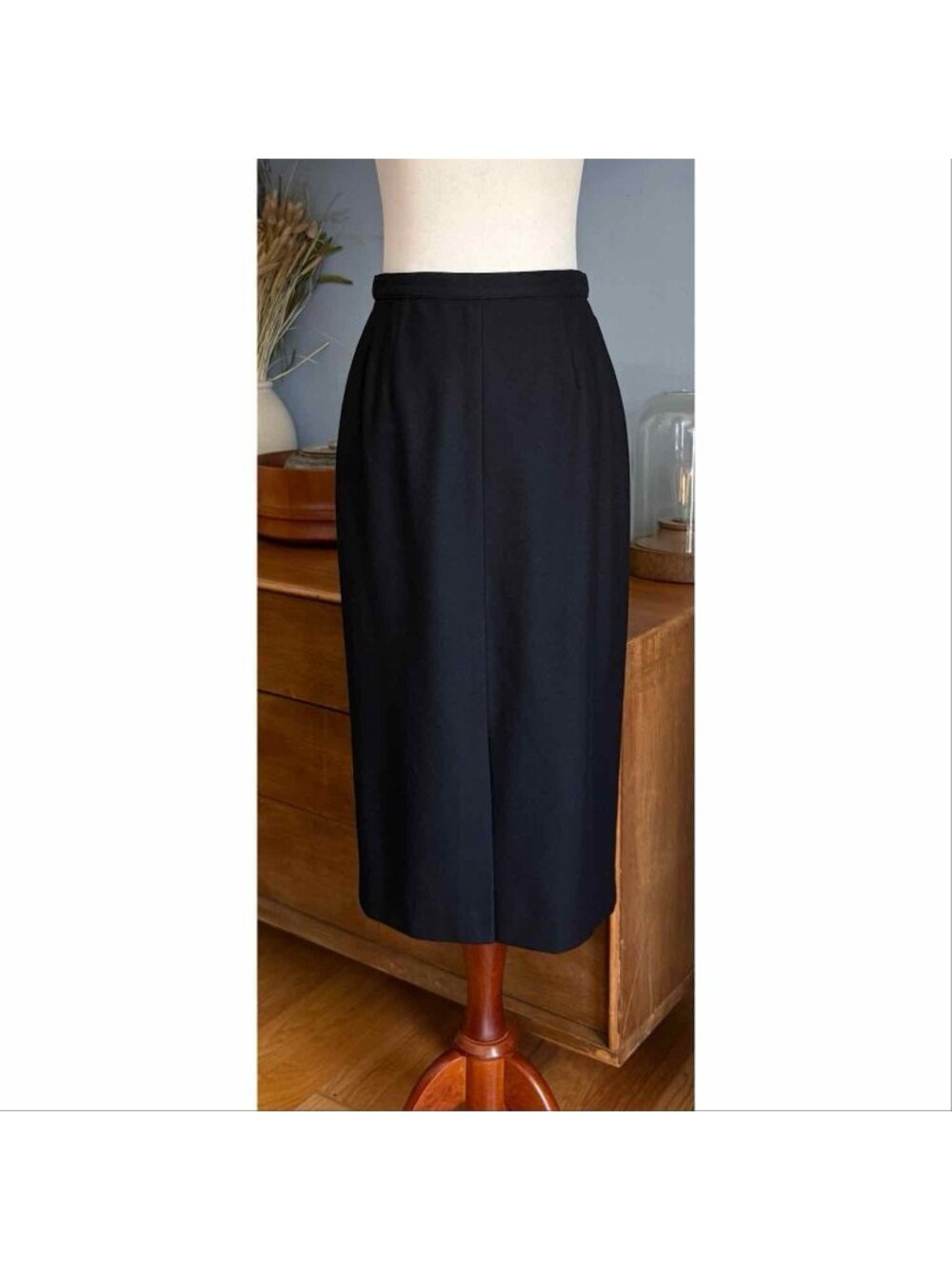 Vtg Louis Feraud Black Wool Straight Pencil Midi Skirt Front Slit Classic
